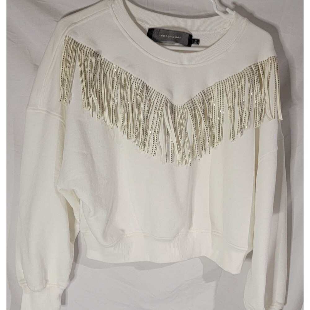Code Mode Womens Medium Cropped White Sweatshirt Cowboy Fringe Tassel Sparkle